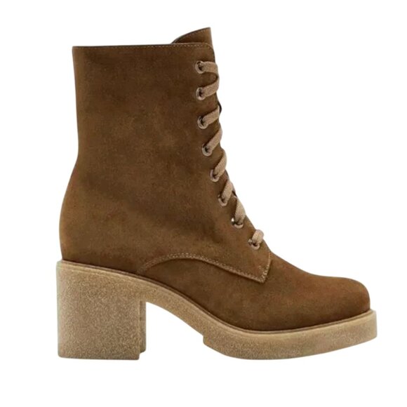 La Canadienne Suede Boots Booties Womens 7.5 Brown Lace Up Block Heel Zipper - Picture 1 of 12